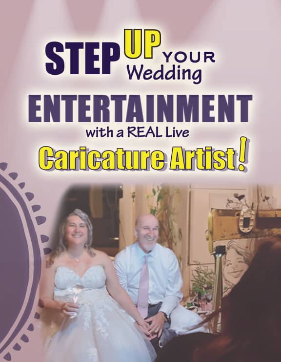 hire a professional caricature artist for your new hampshire, maine, massachusetts, vermont or rhode island wedding event entertainment